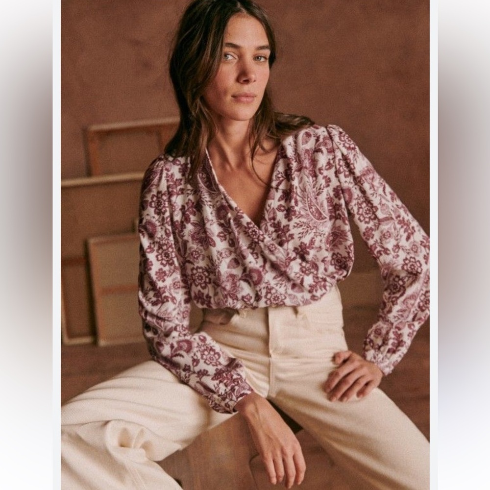 Sezane Abelia Blouse Red White Floral Wrap 34/ 2